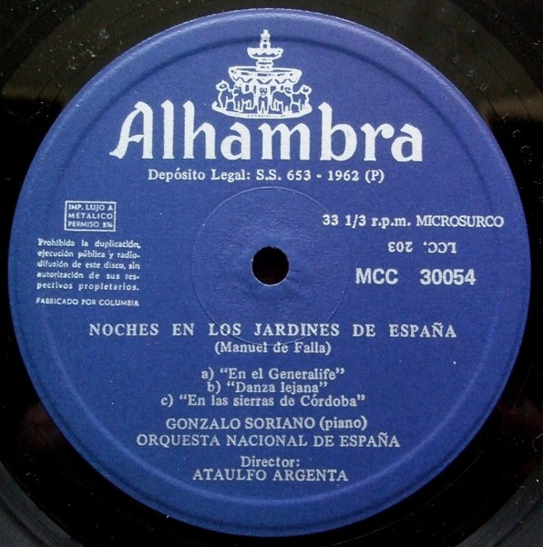 Joaquín Rodrigo , Narciso Yepes , Manuel de Falla , Gonzalo Soriano , Orquesta Nacional De España , Director Ataúlfo Argenta - Concierto De Aranjuez / Noches En Los Jardines De España | Alhambra (MCC 30054) - 3
