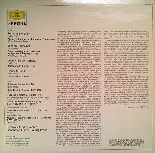 Tomaso Albinoni , Johann Pachelbel , Johann Sebastian Bach - Masterpieces Of The European Baroque Including: Albinoni - Adagio / Pachelbel - Canon & Gigue / J.S. Bach - Air On A G String | Deutsche Grammophon (2545 048) - 2 Tomaso Albinoni , Johann Pachelbel , Johann Sebastian Bach - Masterpieces Of The European Baroque Including: Albinoni - Adagio / Pachelbel - Canon & Gigue / J.S. Bach - Air On A G String | Deutsche Grammophon (2545 048) - 2
