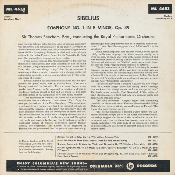 Jean Sibelius / Royal Philharmonic Orchestra , Sir Thomas Beecham - Symphony No. 1 In E Minor, Opus 39 [Vinyl] | Columbia Masterworks (ML 4653) - 2