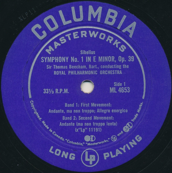 Jean Sibelius / Royal Philharmonic Orchestra , Sir Thomas Beecham - Symphony No. 1 In E Minor, Opus 39 [Vinyl] | Columbia Masterworks (ML 4653) - 3