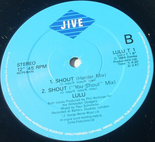 Lulu - Shout (1986 Re-Recording) | Jive (LULU T 1) - 3 Lulu - Shout (1986 Re-Recording) | Jive (LULU T 1) - 3