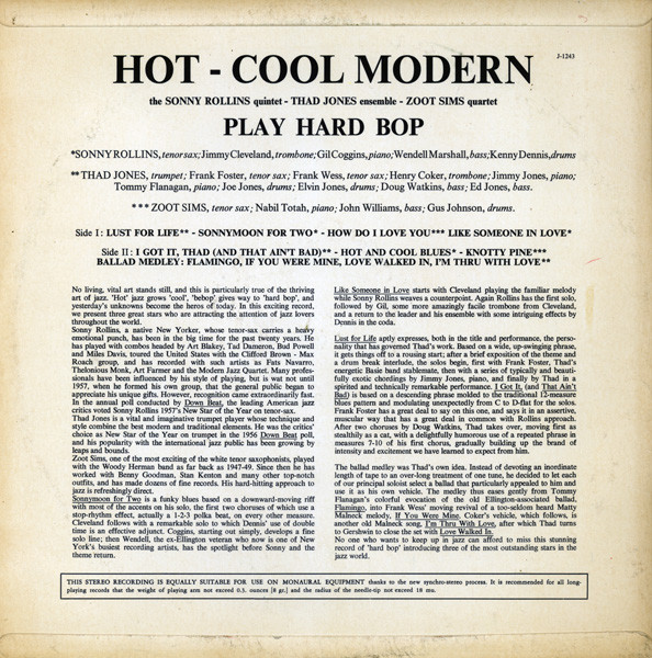 Sonny Rollins Quintet , Thad Jones And His Ensemble , Zoot Sims Quartet - Hot - Cool Modern | Jazztone (J-1243) - 2