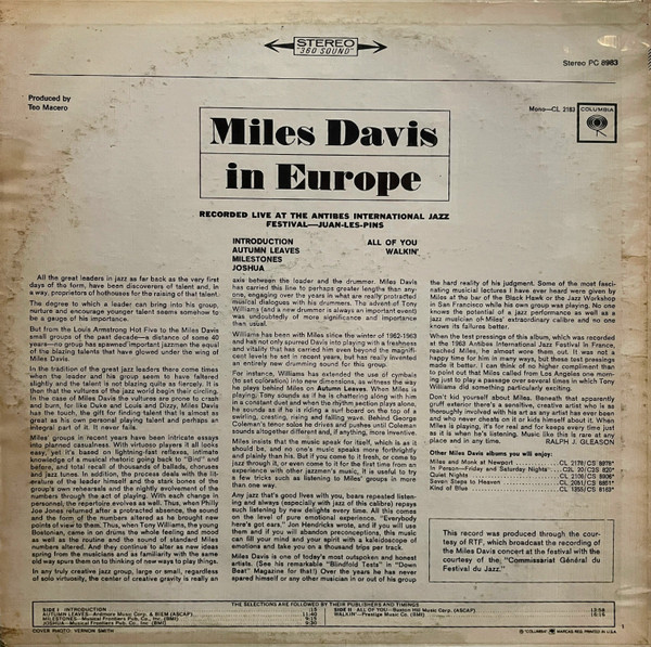 Miles Davis - Miles Davis In Europe | Columbia (PC 8983) - 2