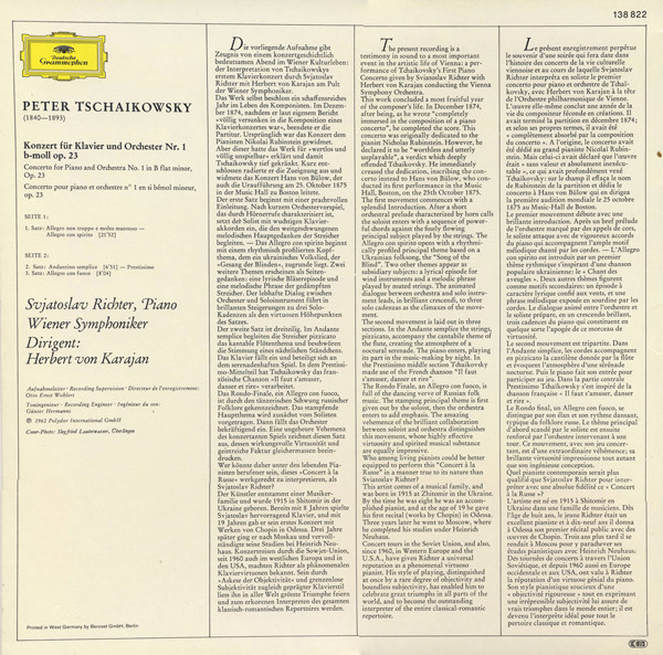 Pyotr Ilyich Tchaikovsky - Sviatoslav Richter · Herbert von Karajan · Wiener Symphoniker - Klavierkonzert Nr.1 B-moll · Piano Concerto No. 1 In B Flat Minor | Deutsche Grammophon (138 822)