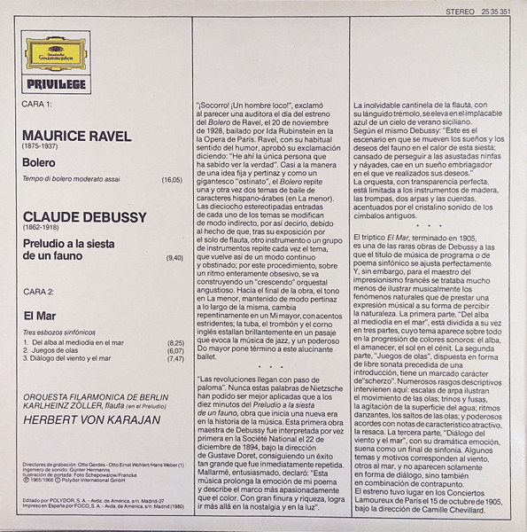 Maurice Ravel / Claude Debussy - Berliner Philharmoniker · Herbert von Karajan - Bolero / El Mar · Preludio A La Siesta De Un Fauno | Deutsche Grammophon (25 35 351) - 2