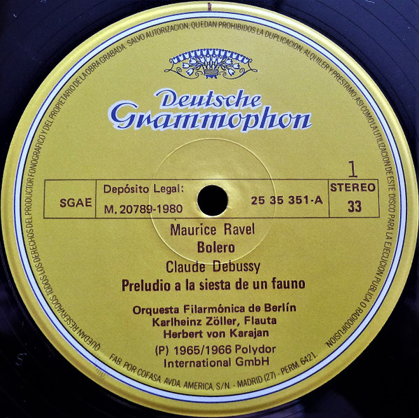 Maurice Ravel / Claude Debussy - Berliner Philharmoniker · Herbert von Karajan - Bolero / El Mar · Preludio A La Siesta De Un Fauno | Deutsche Grammophon (25 35 351) - 3