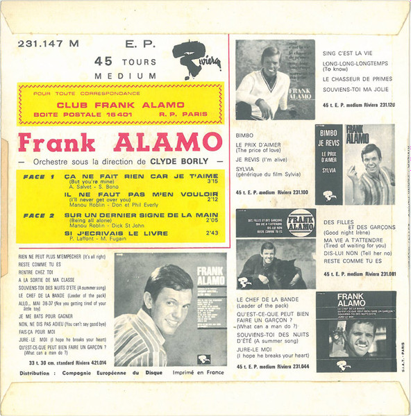 Frank Alamo - Ca Ne Fait Rien Car Je T'aime | Riviera (231147) - 2