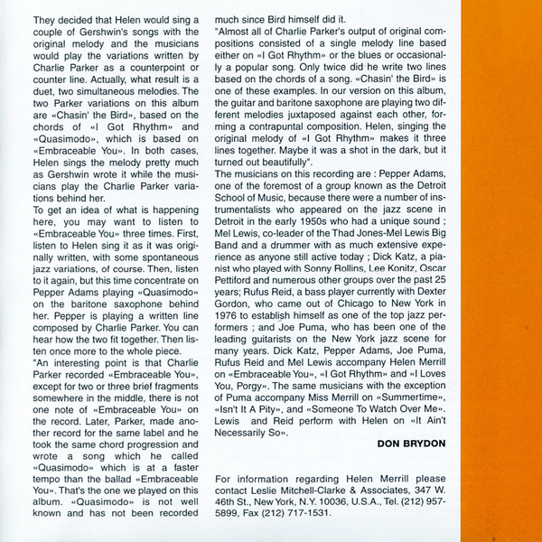 Helen Merrill - Chasin' The Bird | Gitanes Jazz Productions (558 850 2) - 4