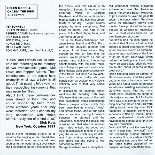 Helen Merrill - Chasin' The Bird | Gitanes Jazz Productions (558 850 2) - 3