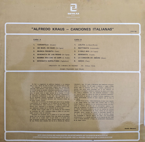 Alfredo Kraus - Canciones Italianas | Zafiro (ZOR - 185) - 2