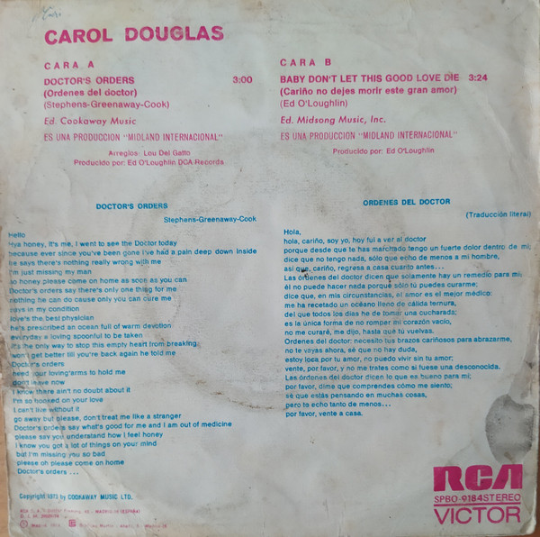 Carol Douglas - Doctor's Orders = Órdenes Del Doctor | RCA Victor (SPBO-9184) - 2