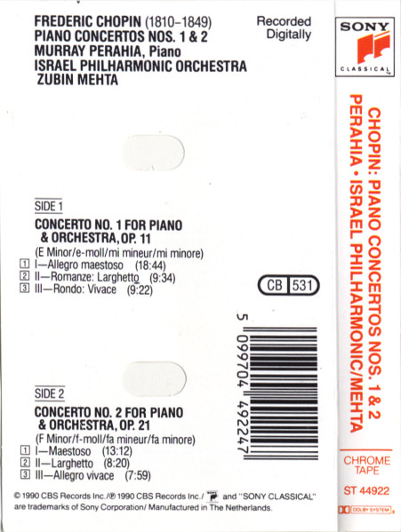 Frédéric Chopin - Murray Perahia , Israel Philharmonic Orchestra , Zubin Mehta - Piano Concertos Nos. 1 & 2 | Sony Classical (ST 44922) - 2 Frédéric Chopin - Murray Perahia , Israel Philharmonic Orchestra , Zubin Mehta - Piano Concertos Nos. 1 & 2 | Sony Classical (ST 44922) - 2