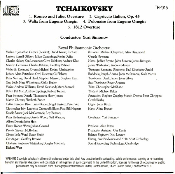 Royal Philharmonic Orchestra , Pyotr Ilyich Tchaikovsky , Yuri Simonov - Romeo And Juliet - Capriccio Italien Op. 45 - Waltz And Polonaise From Eugene Onegin - 1812 Overture | Tring International PLC (TRP015) - 2 Royal Philharmonic Orchestra , Pyotr Ilyich Tchaikovsky , Yuri Simonov - Romeo And Juliet - Capriccio Italien Op. 45 - Waltz And Polonaise From Eugene Onegin - 1812 Overture | Tring International PLC (TRP015) - 2
