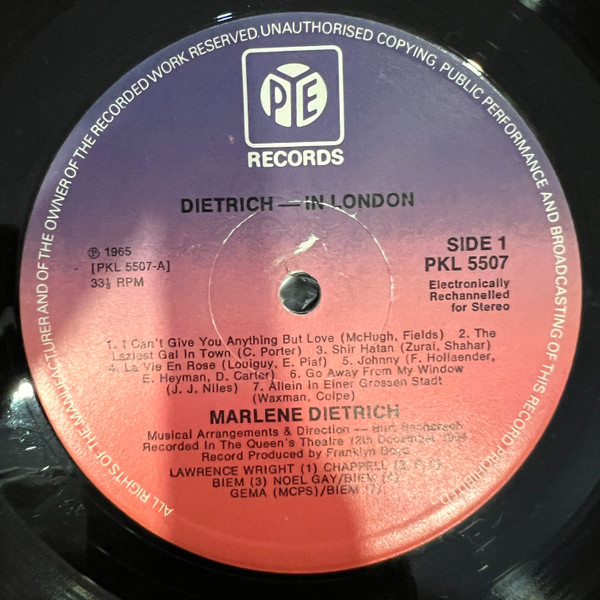 Marlene Dietrich - Dietrich In London | Pye Records (PKL 5507) - main Marlene Dietrich - Dietrich In London | Pye Records (PKL 5507) - main