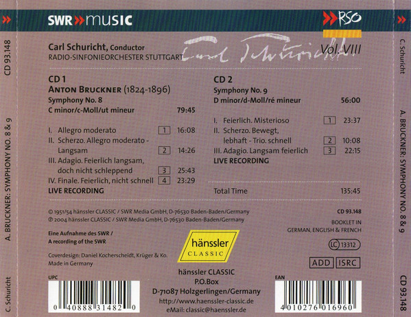 Carl Schuricht , Radio-Sinfonieorchester Stuttgart , Anton Bruckner - Bruckner -Symphony No. 8, Symphony No. 9 | Hänssler Classic (CD 93.148) - 2