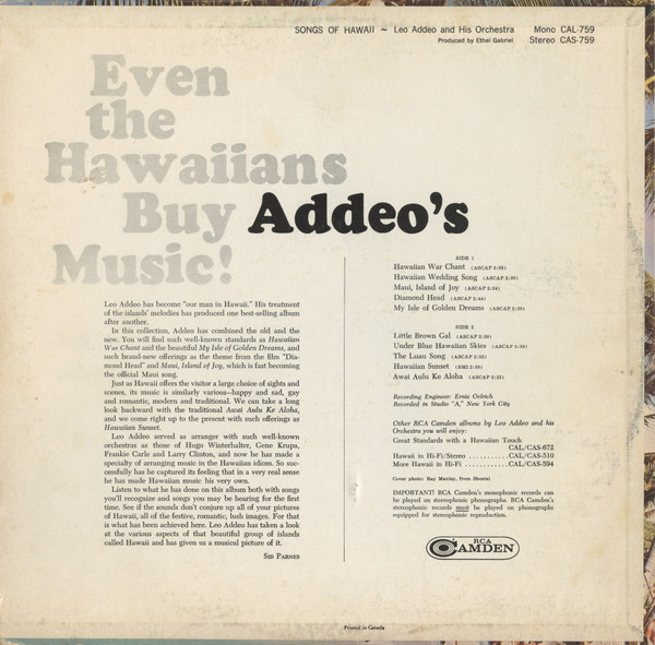 Leo Addeo And His Orchestra - Songs Of Hawaii [Vinyl] | RCA Camden (CAL-759) - 2