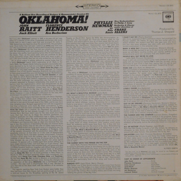 John Raitt , Florence Henderson , Jack Elliott , Ara Berberian , Phyllis Newman , Franz Allers - Oklahoma! | Columbia Masterworks (OS 2610) - 2