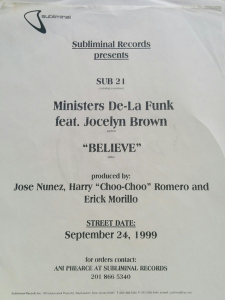 Ministers De-La-Funk Featuring Jocelyn Brown - Believe | Subliminal (SUB 21) - 2