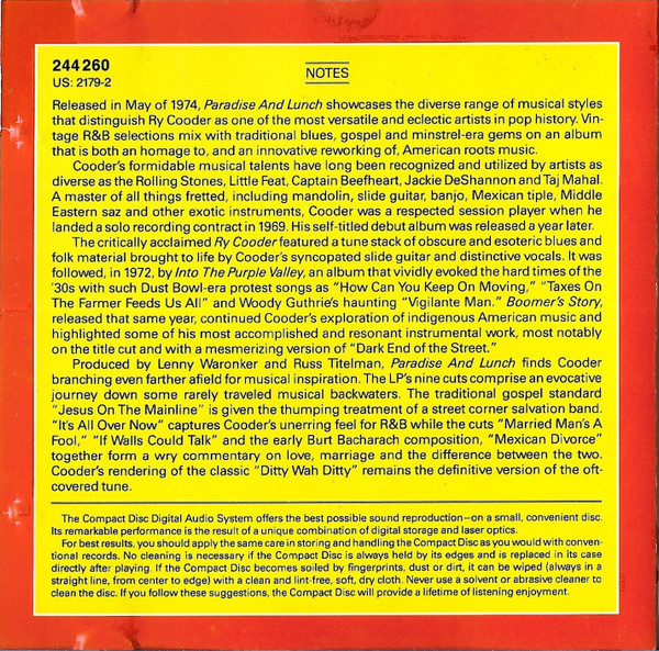 Ry Cooder - Paradise And Lunch CD | Reprise Records (7599-27212-2) - 4