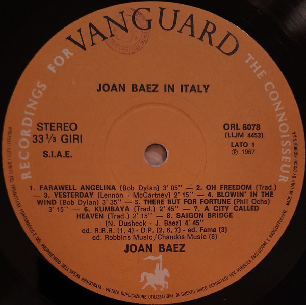 Joan Baez - Joan Baez In Italy | Vanguard (ORL 8078) - 3