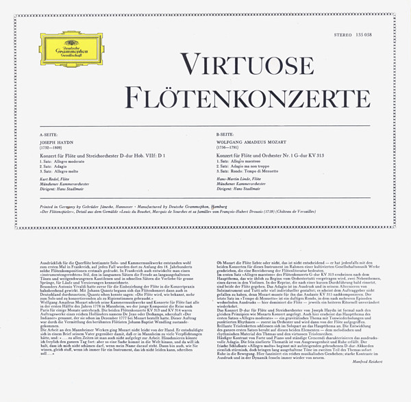 Joseph Haydn , Wolfgang Amadeus Mozart , Kurt Redel , Hans-Martin Linde , Münchener Kammerorchester , Hans Stadlmair - Virtuose Flötenkonzerte (Konzert D-dur, Hob. VIIf: D1 / Konzert Nr.1 G-dur, KV 313) | Deutsche Grammophon (135 058) - 2