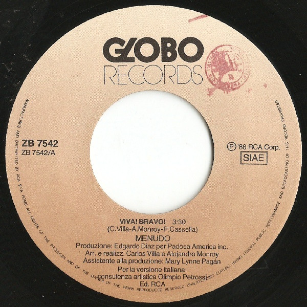 Menudo - Baci Al Cioccolato / Viva! Bravo! | Globo Records (ZB 7542) - 3