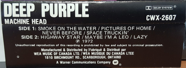 Deep Purple - Machine Head [Cassette] | Warner Bros. Records (CWX-2607) - 2