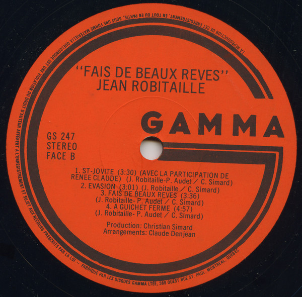 Jean Robitaille - Fais De Beaux Reves | Gamma (GS 247) - 4