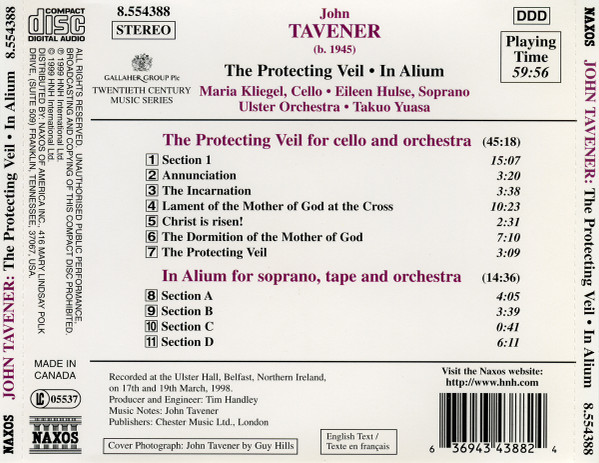 John Tavener , Maria Kliegel , Eileen Hulse , Ulster Orchestra , Takuo Yuasa - The Protecting Veil • In Alium | Naxos (8.554388) - 2