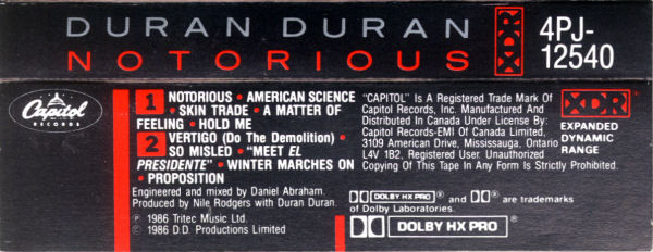 Duran Duran - Notorious [Cassette] | Capitol Records (4PJ-12540) - 2
