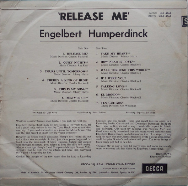 Engelbert Humperdinck - Release Me | Decca (SKLA 4868) - 2