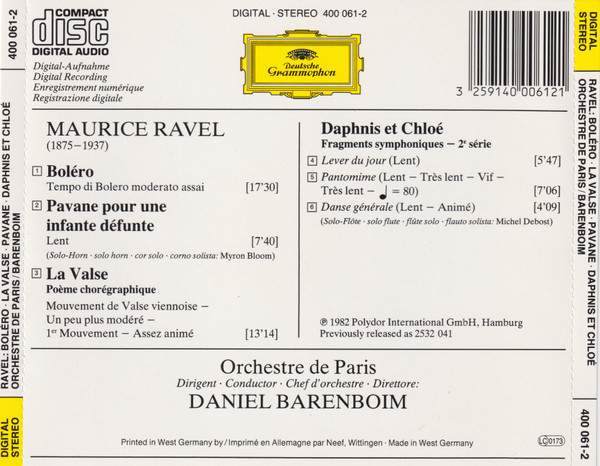 Maurice Ravel / Orchestre de Paris · Daniel Barenboim - Bolero • La Valse • Pavane Pour Une Infante Défunte • Daphnis Et Chloé: Suite No.2 | Deutsche Grammophon (400 061-2) - 2 Maurice Ravel / Orchestre de Paris · Daniel Barenboim - Bolero • La Valse • Pavane Pour Une Infante Défunte • Daphnis Et Chloé: Suite No.2 | Deutsche Grammophon (400 061-2) - 2