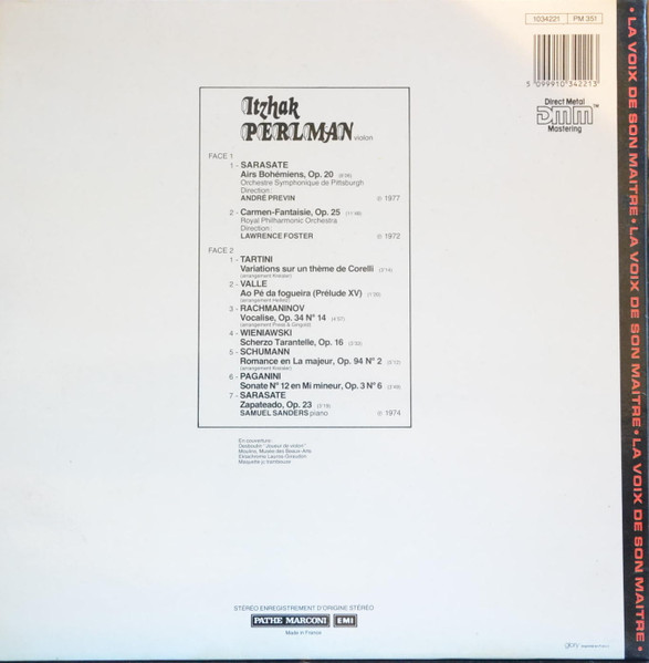 Itzhak Perlman - Pablo de Sarasate , Giuseppe Tartini , Niccolò Paganini , Robert Schumann , Sergei Vasilyevich Rachmaninoff , Henryk Wieniawski - Airs Bohémiens De Sarasate Et Huit Autres Pièces De Virtuosité Pour Le Violon | La Voix De Son Maître (1034221) - 2