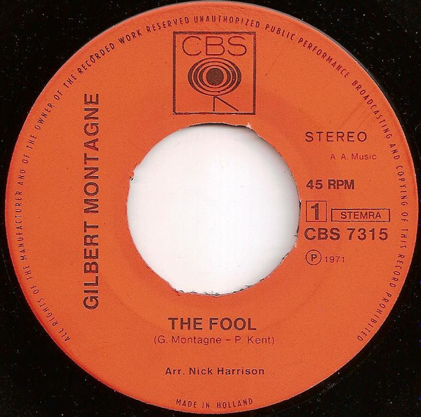 Gilbert Montagné - The Fool / Hide Away | CBS (CBS 7315) - 3