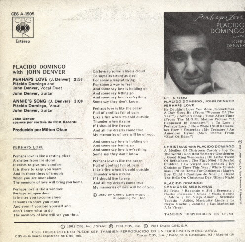 Placido Domingo With John Denver - Perhaps Love | CBS (CBS A 1905) - 2