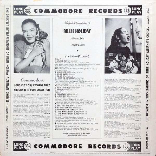 Billie Holiday = Billie Holiday - The Greatest Interpretations Of Billie Holiday - Alternate Choices - Complete Edition = 奇妙な果実~別テイク集 | Commodore (GXC 3144) - 3 Billie Holiday = Billie Holiday - The Greatest Interpretations Of Billie Holiday - Alternate Choices - Complete Edition = 奇妙な果実~別テイク集 | Commodore (GXC 3144) - 3