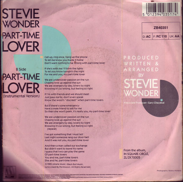 Stevie Wonder - Part-Time Lover (7") [Vinyl] | Motown (ZB40351) - 2