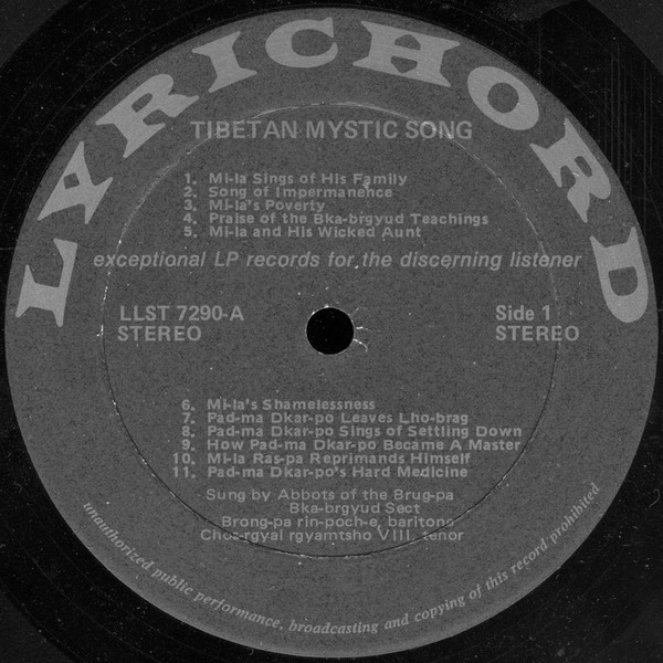 Abbots Of The Brug-Pa Bka-Brgyud Sect , Brong-Pa Rin-Poch-e , Chos-Rgyal Rgyamtsho VIII - Tibetan Mystic Song | Lyrichord (LLST 7290) - 2