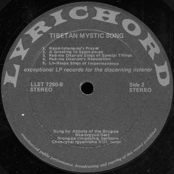 Abbots Of The Brug-Pa Bka-Brgyud Sect , Brong-Pa Rin-Poch-e , Chos-Rgyal Rgyamtsho VIII - Tibetan Mystic Song | Lyrichord (LLST 7290) - 3