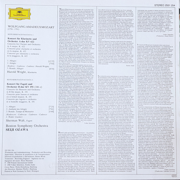 Wolfgang Amadeus Mozart , Harold Wright , Sherman Walt , Boston Symphony Orchestra , Seiji Ozawa - Klarinettenkonzert = Clarinet Concerto · Fagottkonzert = Bassoon Concerto | Deutsche Grammophon (2531 254) - 3