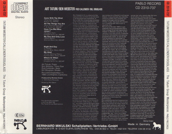 Art Tatum , Ben Webster , Red Callender , Bill Douglass - The Tatum Group Masterpieces | Pablo Records (CD 2310-737) - 2