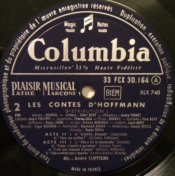 Jacques Offenbach — Simone Borghese · Geori Boué · Vina Bovy · Renée Doria · Fanely Revoil · Bourvil · Raoul Jobin · Louis Musy · André Pernet · Charles Soix - Chœurs Du Théâtre National De L'Opéra Comique Et Orchestre Du Théâtre National De L'Opéra-Comique , André Cluytens - Les Contes D'Hoffmann (Extraits) | Columbia (FCX 30164) - 3 Jacques Offenbach — Simone Borghese · Geori Boué · Vina Bovy · Renée Doria · Fanely Revoil · Bourvil · Raoul Jobin · Louis Musy · André Pernet · Charles Soix - Chœurs Du Théâtre National De L'Opéra Comique Et Orchestre Du Théâtre National De L'Opéra-Comique , André Cluytens - Les Contes D'Hoffmann (Extraits) | Columbia (FCX 30164) - 3