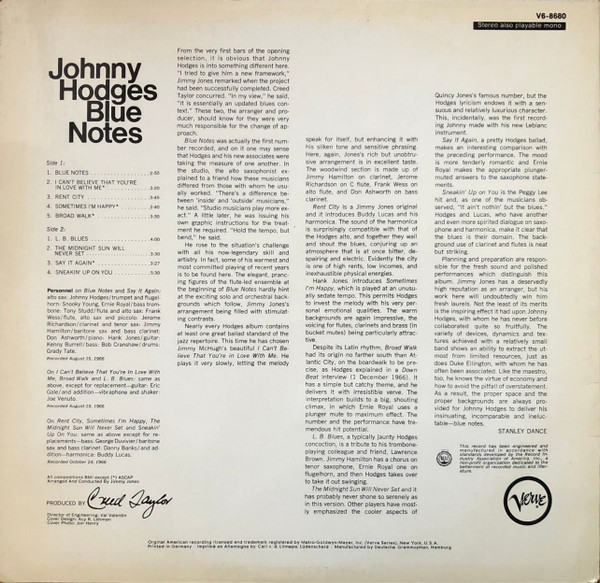 Johnny Hodges - Blue Notes | Verve Records (V6-8680) - 2