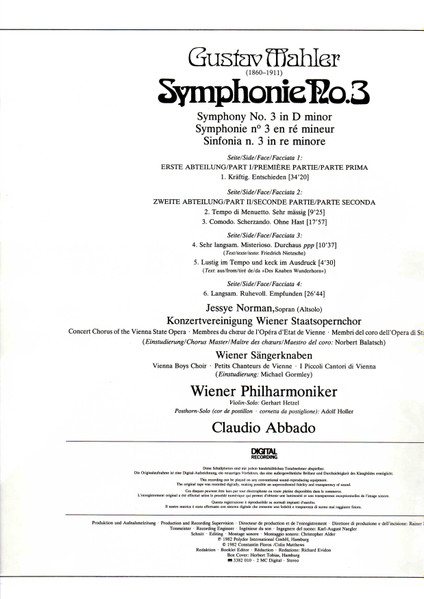 Gustav Mahler - Claudio Abbado , Wiener Philharmoniker , Die Wiener Sängerknaben , Jessye Norman - Symphony No. 3 | Deutsche Grammophon (2741 010) - 3 Gustav Mahler - Claudio Abbado , Wiener Philharmoniker , Die Wiener Sängerknaben , Jessye Norman - Symphony No. 3 | Deutsche Grammophon (2741 010) - 3