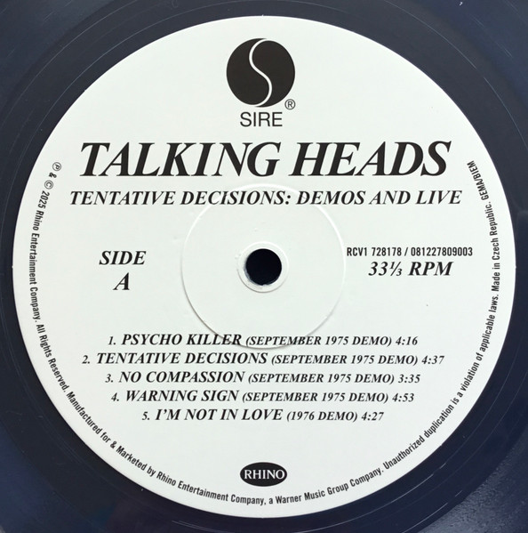 Talking Heads - Tentative Decisions: Demos & Live | Sire (RCV1 728178) - 3