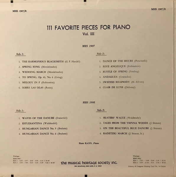 Hans Kann - 111 Favorite Pieces For Piano Vol. III | Musical Heritage Society, Inc. (MHS 1907/8) - 2 Hans Kann - 111 Favorite Pieces For Piano Vol. III | Musical Heritage Society, Inc. (MHS 1907/8) - 2