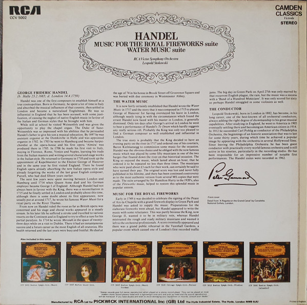Georg Friedrich Händel – RCA Victor Symphony Orchestra And Leopold Stokowski - Music For The Royal Fireworks Suite, Water Music Suite | RCA (CCV 5002) - 2