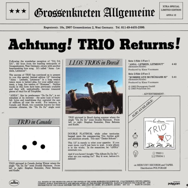 Trio - Anna - Letmein Letmeout (12" - Limited Edition) [Vinyl] | Mercury (ANNA 12) - 2