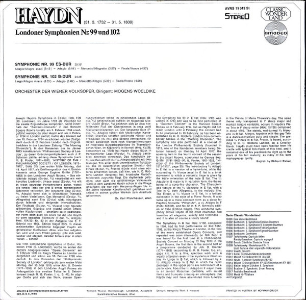 Joseph Haydn , Wiener Volksopernorchester , Mogens Wöldike - Londoner Symphonien Nr.99 Und 102 | Amadeo (AVRS 19 013 St) - 2