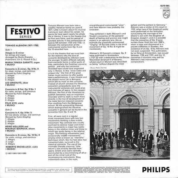 Tomaso Albinoni , I Musici - Oboe Concertos - Violin Concertos [Vinyl] | Philips (6570 085) - 2